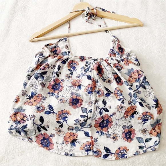 A&F Floral Bubble Hemline Surplice Neck Floral Print Halter Top - Picture 7 of 10
